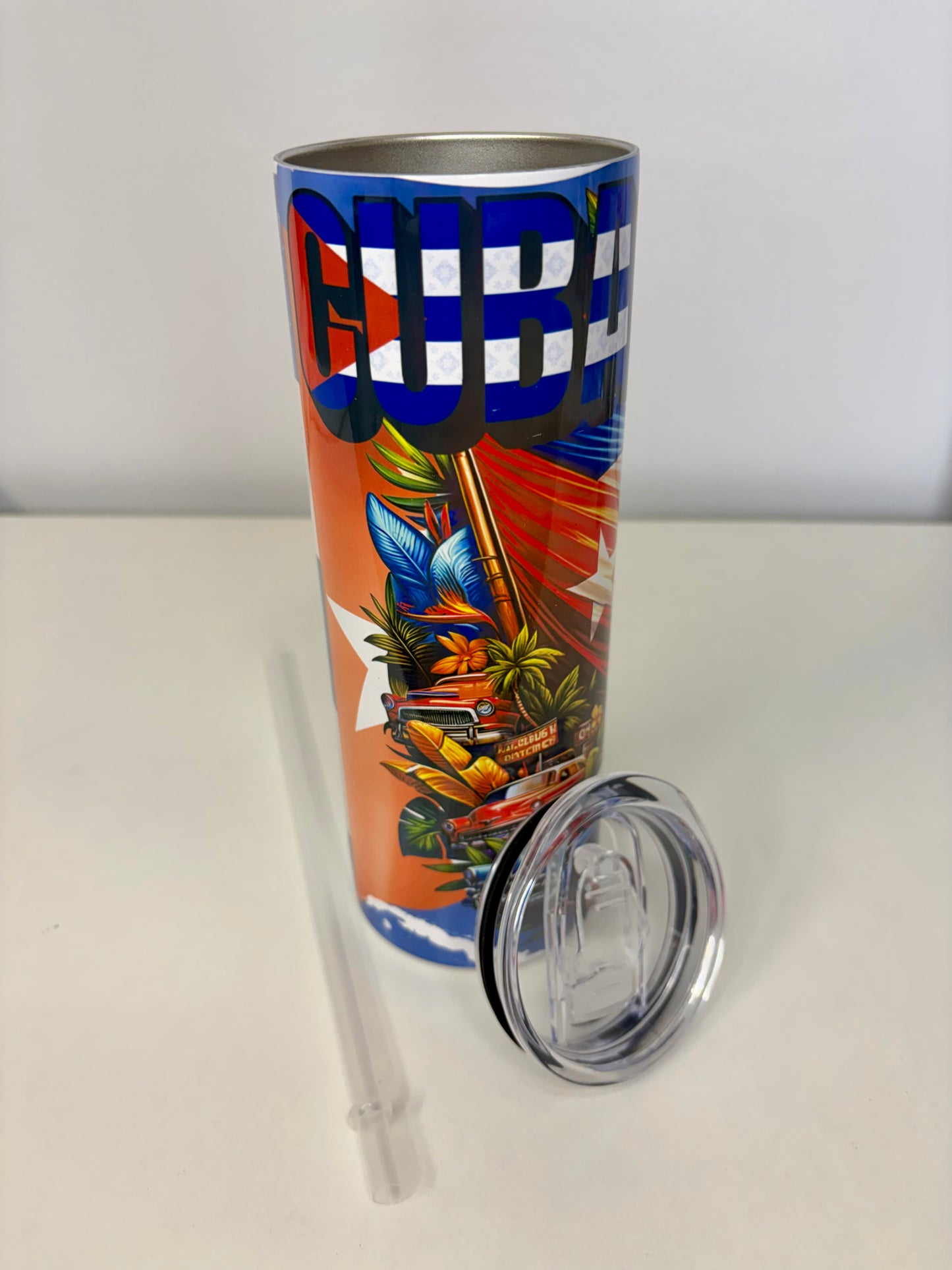 Cuba 20oz Stainless Steel Tumbler – Vintage Car Design, Plastic Lid, Straw & Rubber Bottom