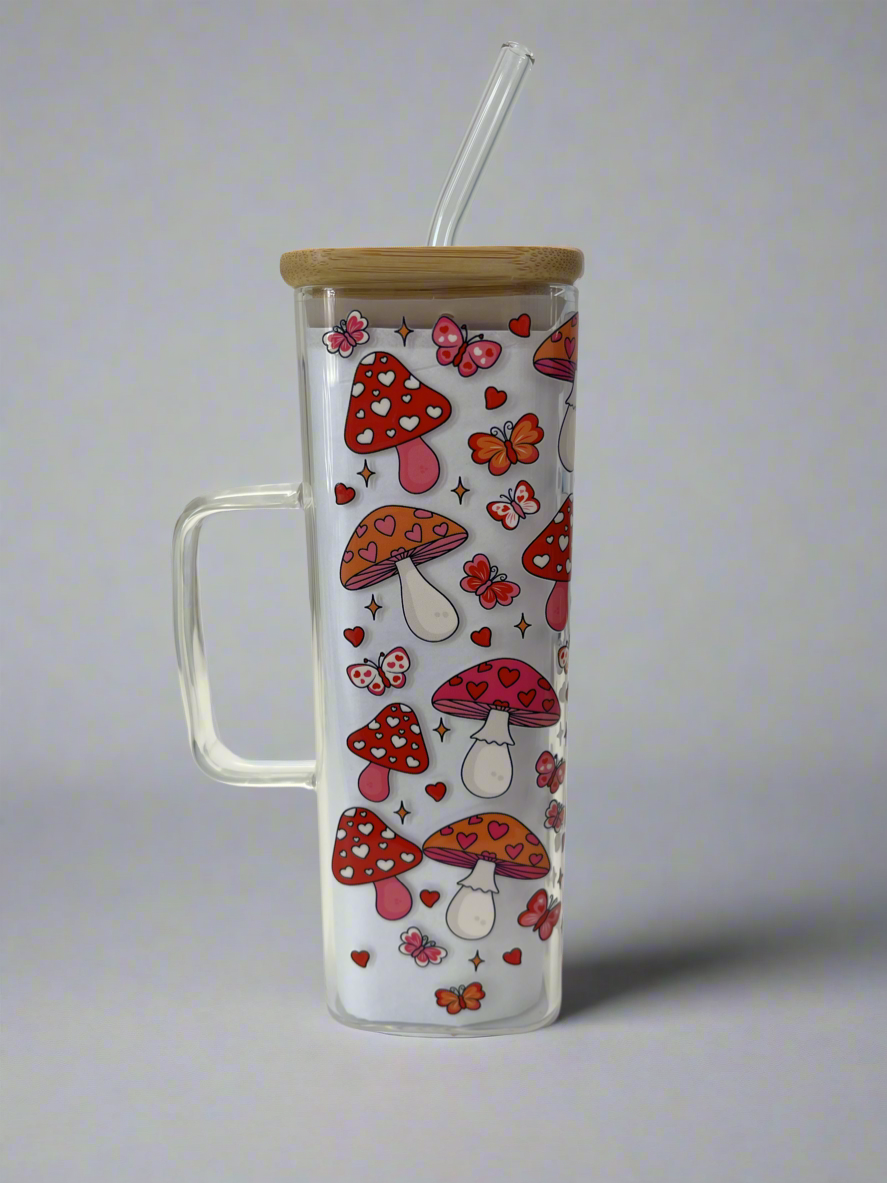 Square Glass Cup Heart Mushroom 16 oz
