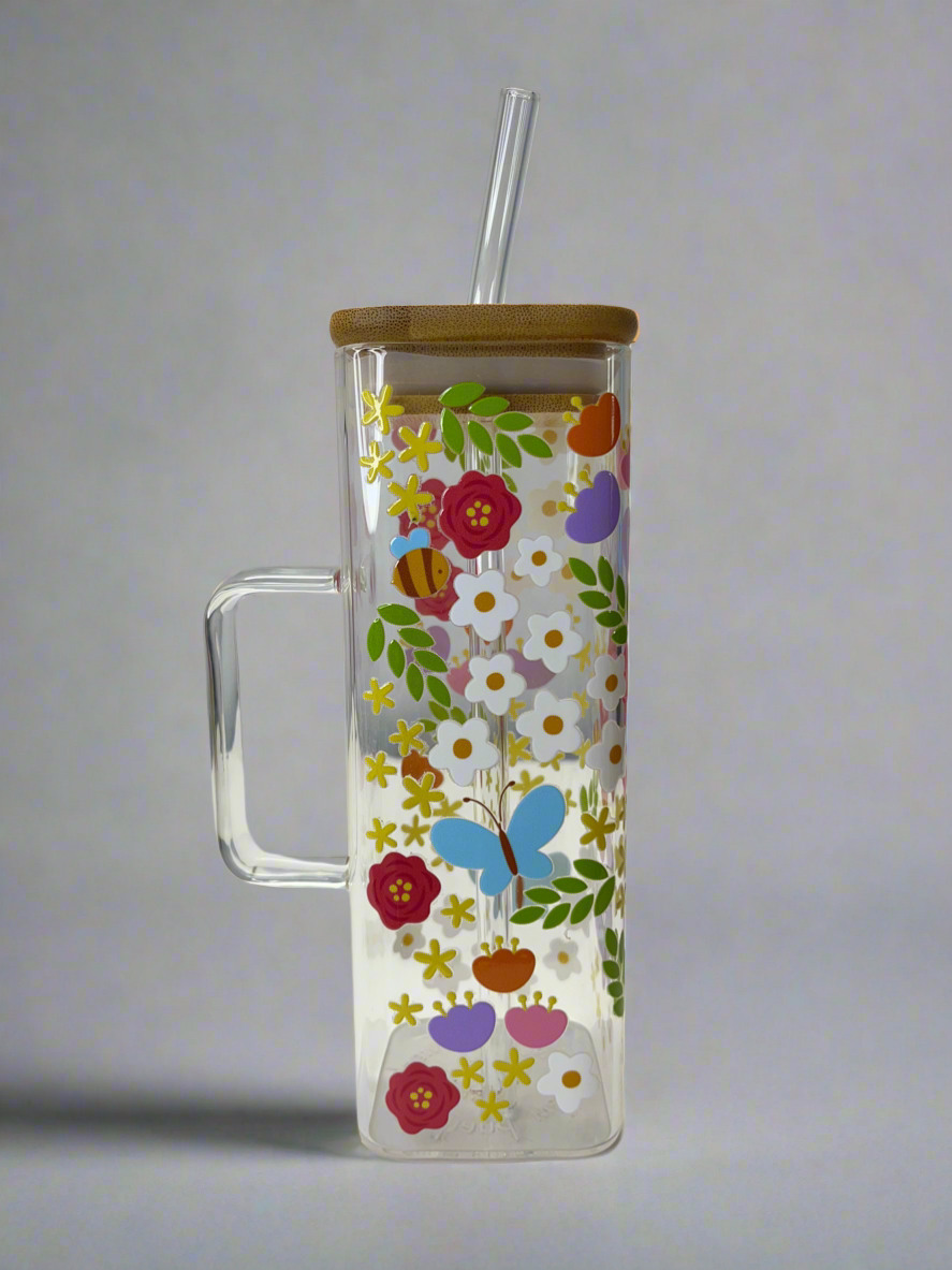 Floral Square Glass Cup 16oz