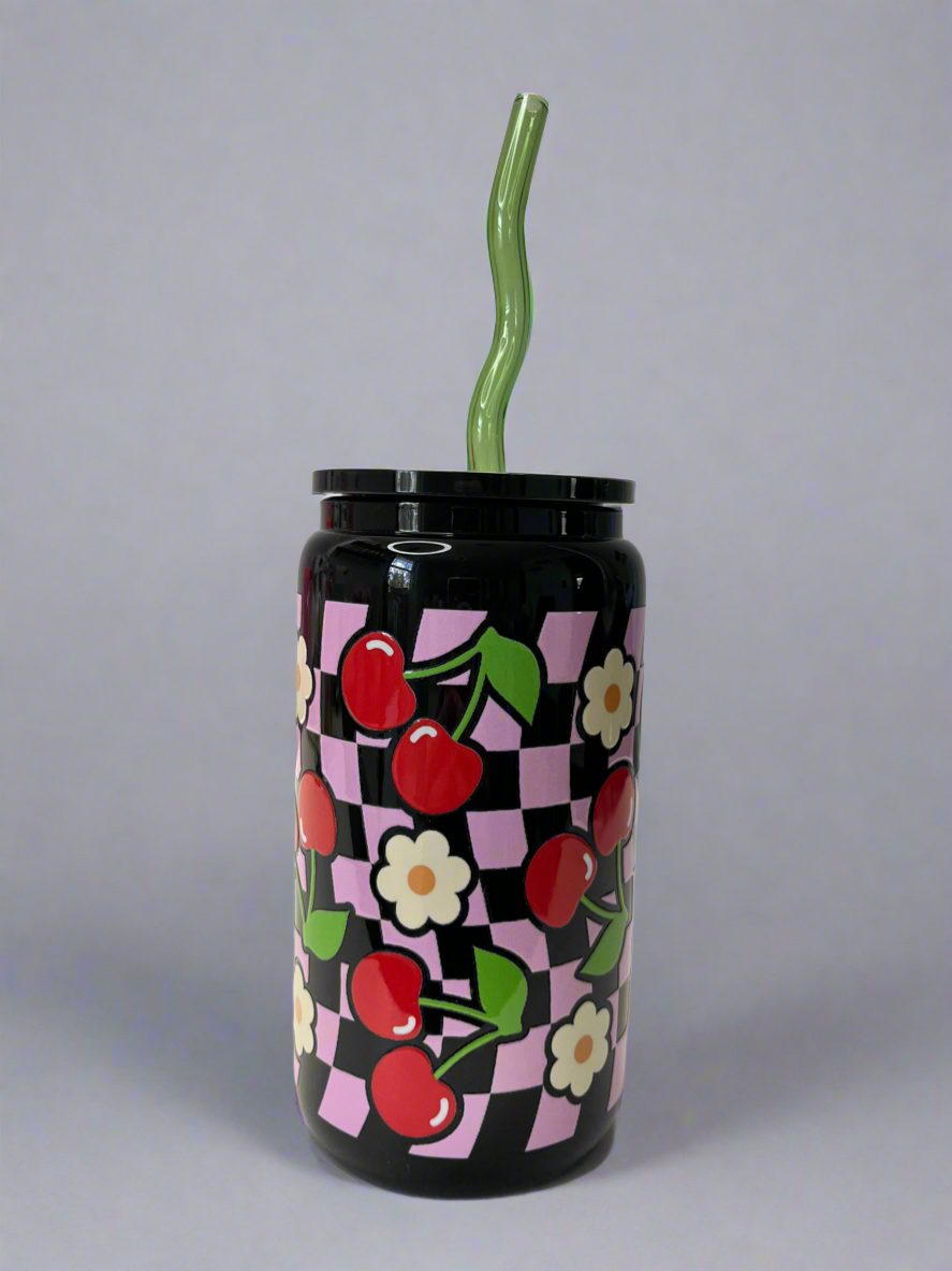 Cherry Blossom UV DTF Black Glass Can Cup with Green Glass Straw - 16oz