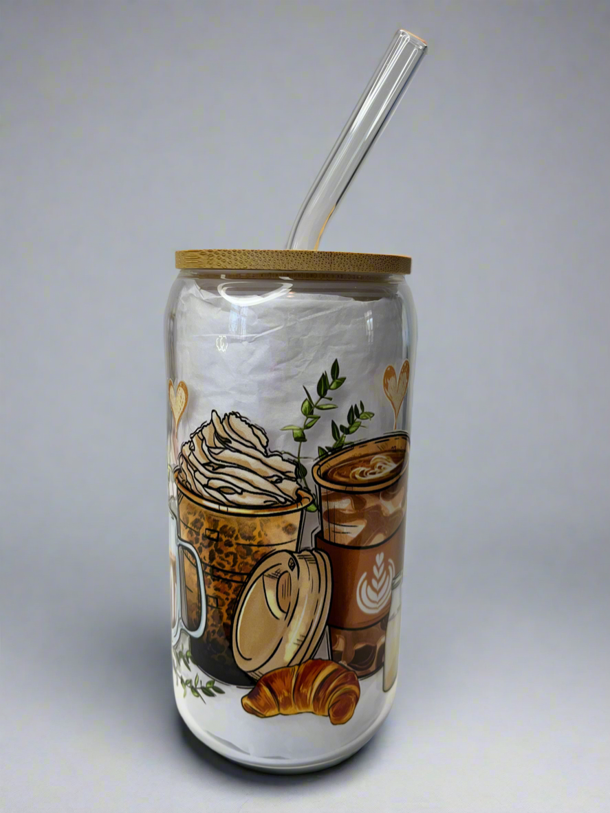 Coffee lovers glass can cup 16 oz with bamboo lid and glass straw
