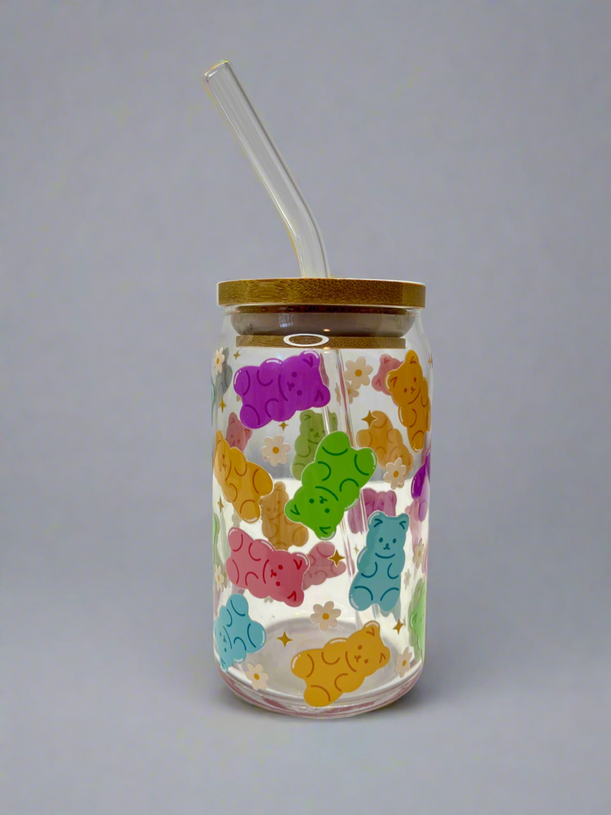 Gummy Bear Glass Cup with Bamboo Lid & Straw - 16oz
