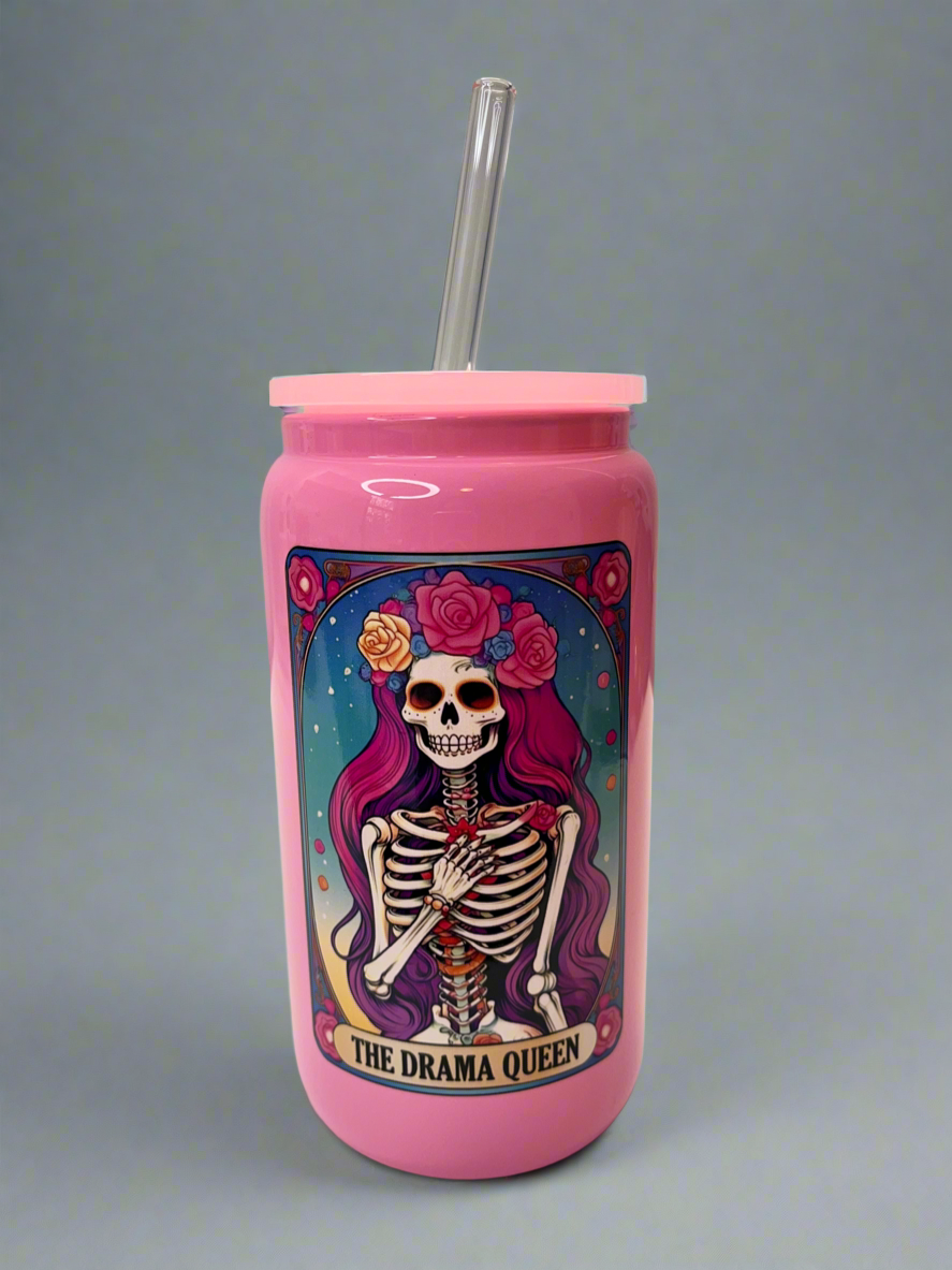 Pink “The Drama Queen” Tarot Card Glass Can Cup - UV DTF, Plastic Lid & Straw