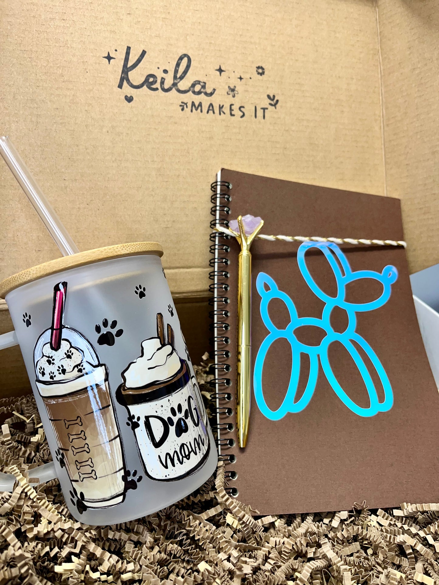 Dog Mom Gift Box - Frosted Mug with UV DTF wrap & Balloon Dog Notebook