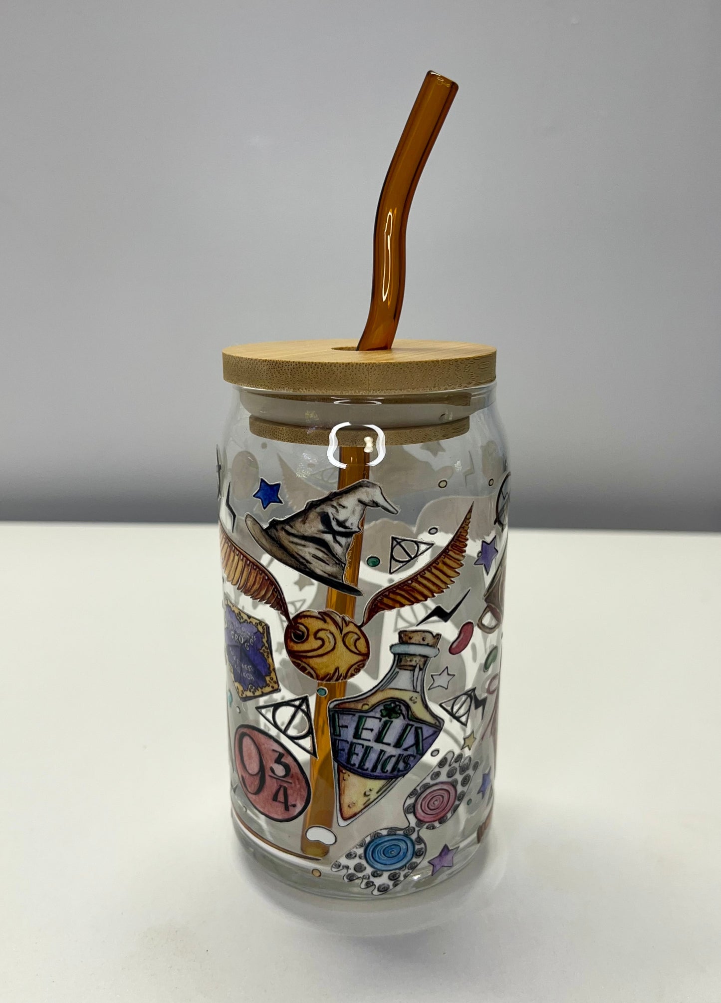 Harry Potter Themed Glass Can Cup | UV DTF Design | Bamboo Lid & Curved Brown Glass Straw – 16oz