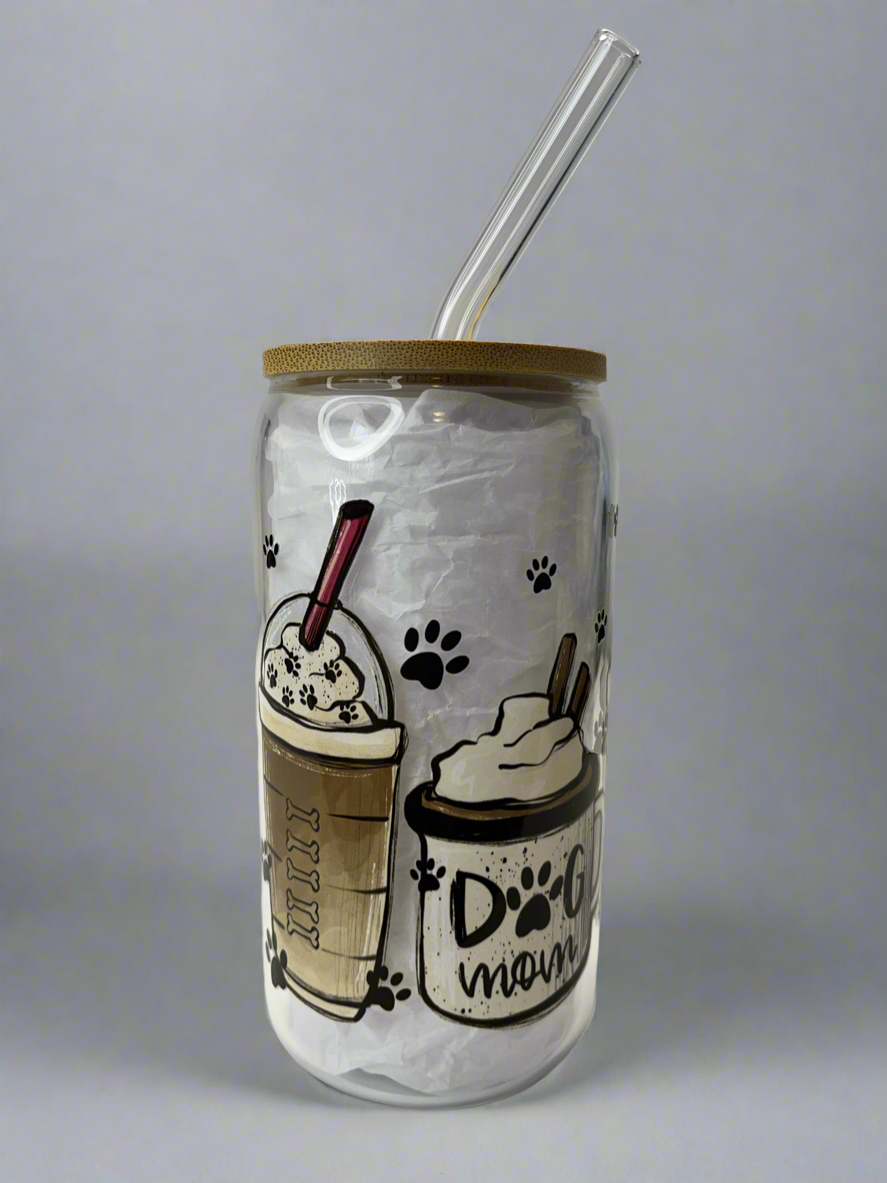 Dog mom glass can 16 oz cup with bamboo lid and glass straw