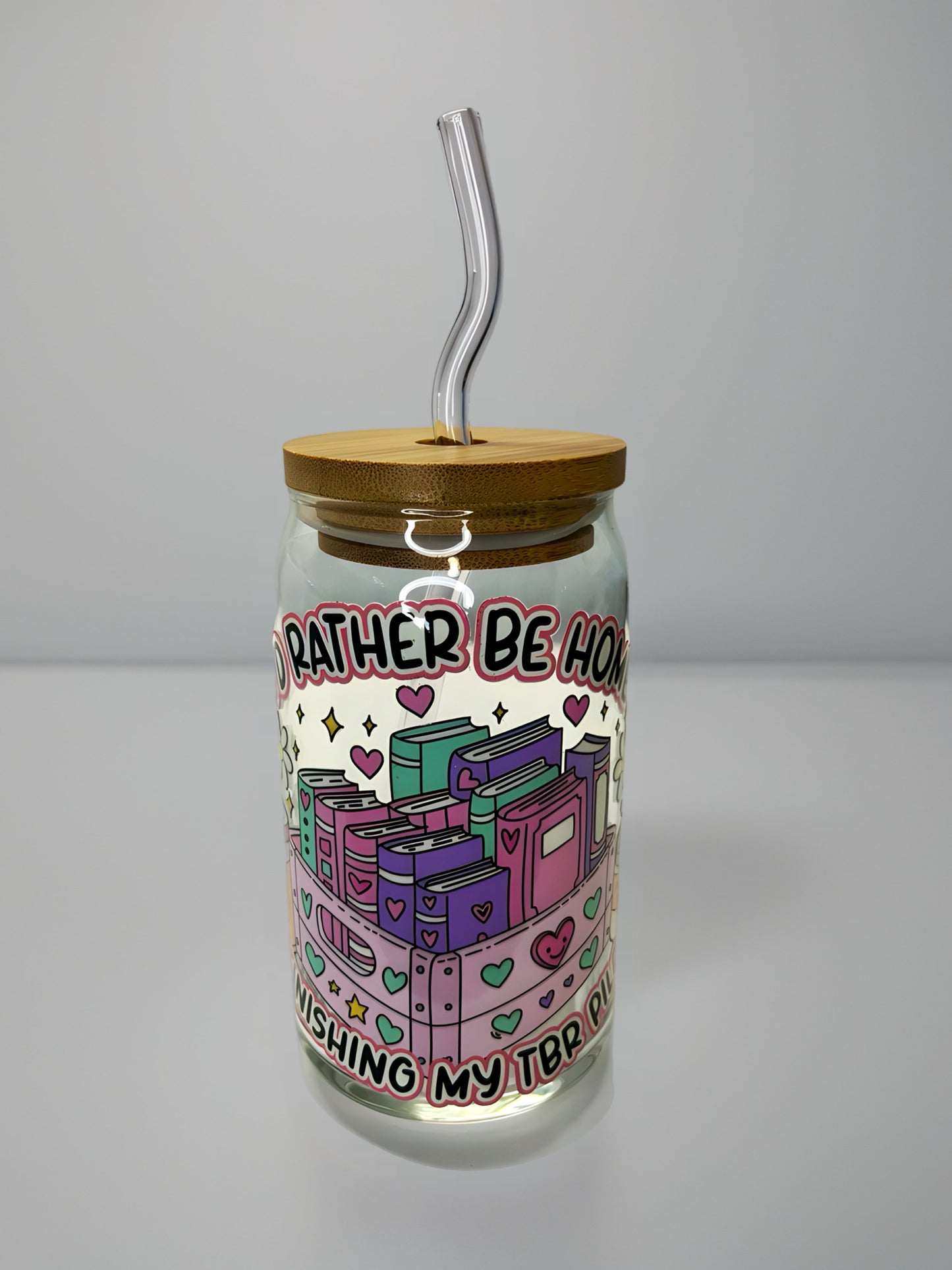 I’d Rather Be Home Finishing My TBR Pile” Glass Can Cup | Cute Book Lover Cup with Bamboo Lid & Glass Straw | UV DTF Design