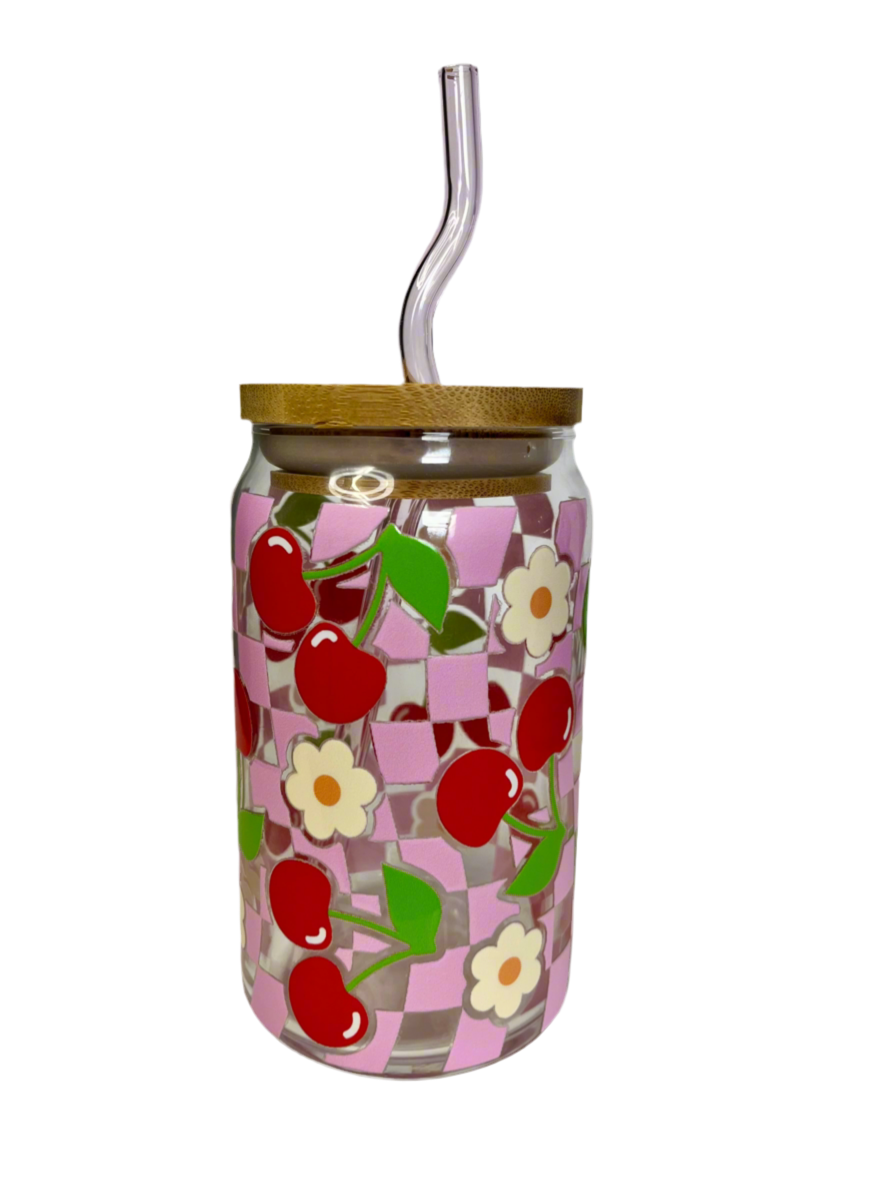 Cherry Glass Can Cup with Pink Glass Straw & Bamboo Lid - UV DTF cup wrap