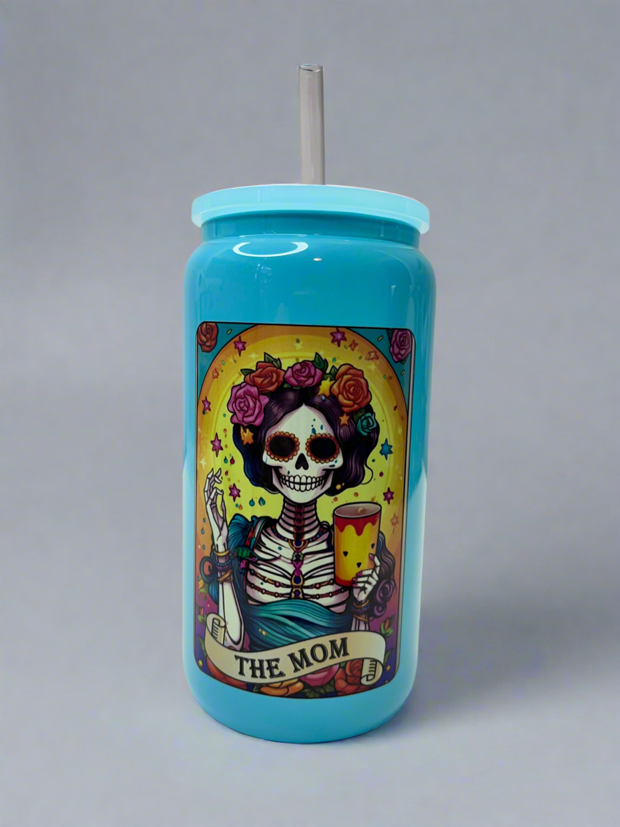 The Mom Tarot Card Blue Glass Can Cup - 16oz with plastic Lid & Straw
