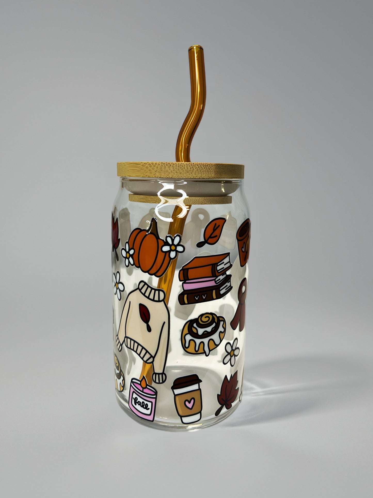 Fall Vibes Glass Can Cup with Bamboo Lid & Brown Curved Glass Straw | UV DTF Design