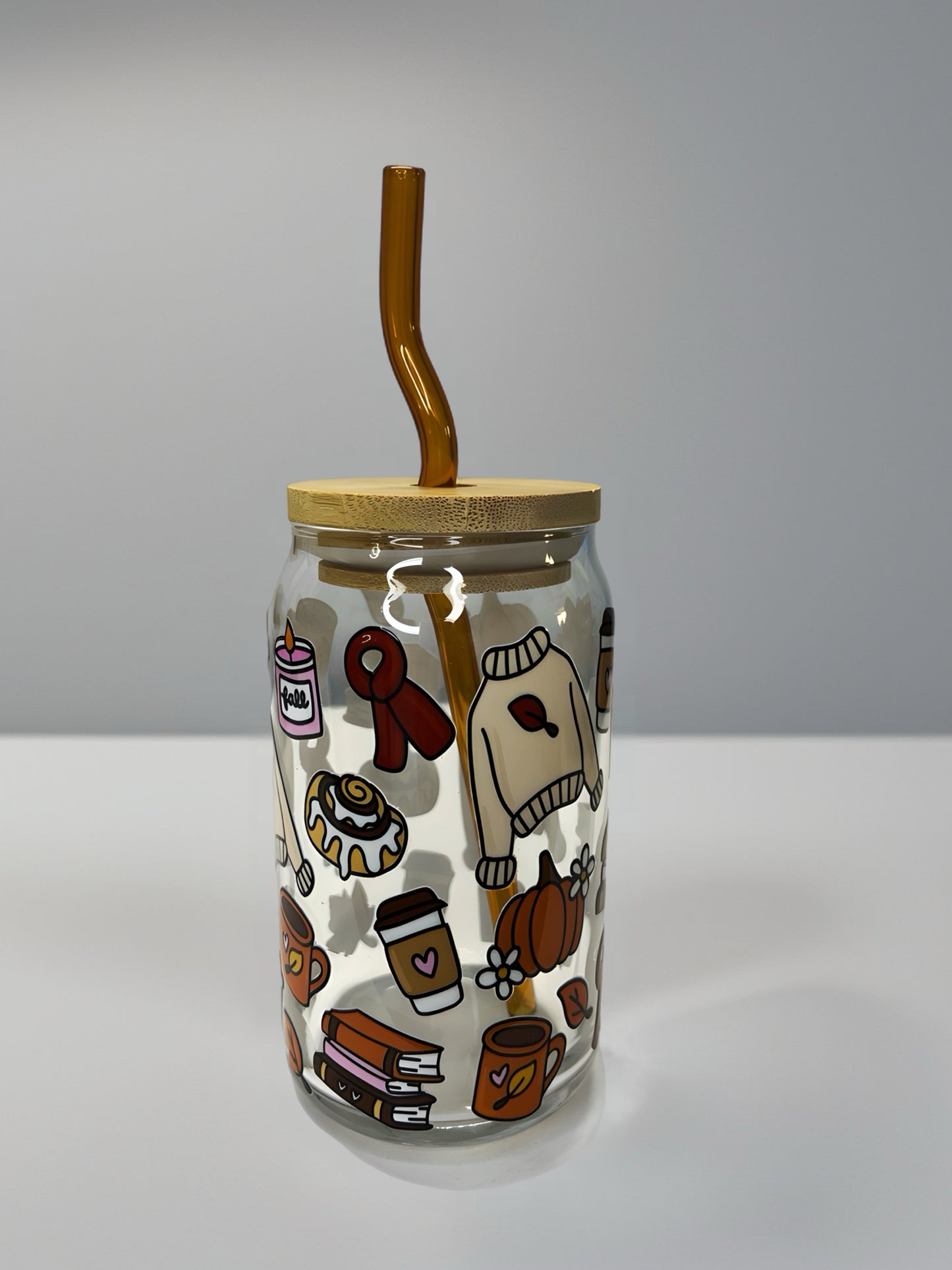 Fall Vibes Glass Can Cup with Bamboo Lid & Brown Curved Glass Straw | UV DTF Design