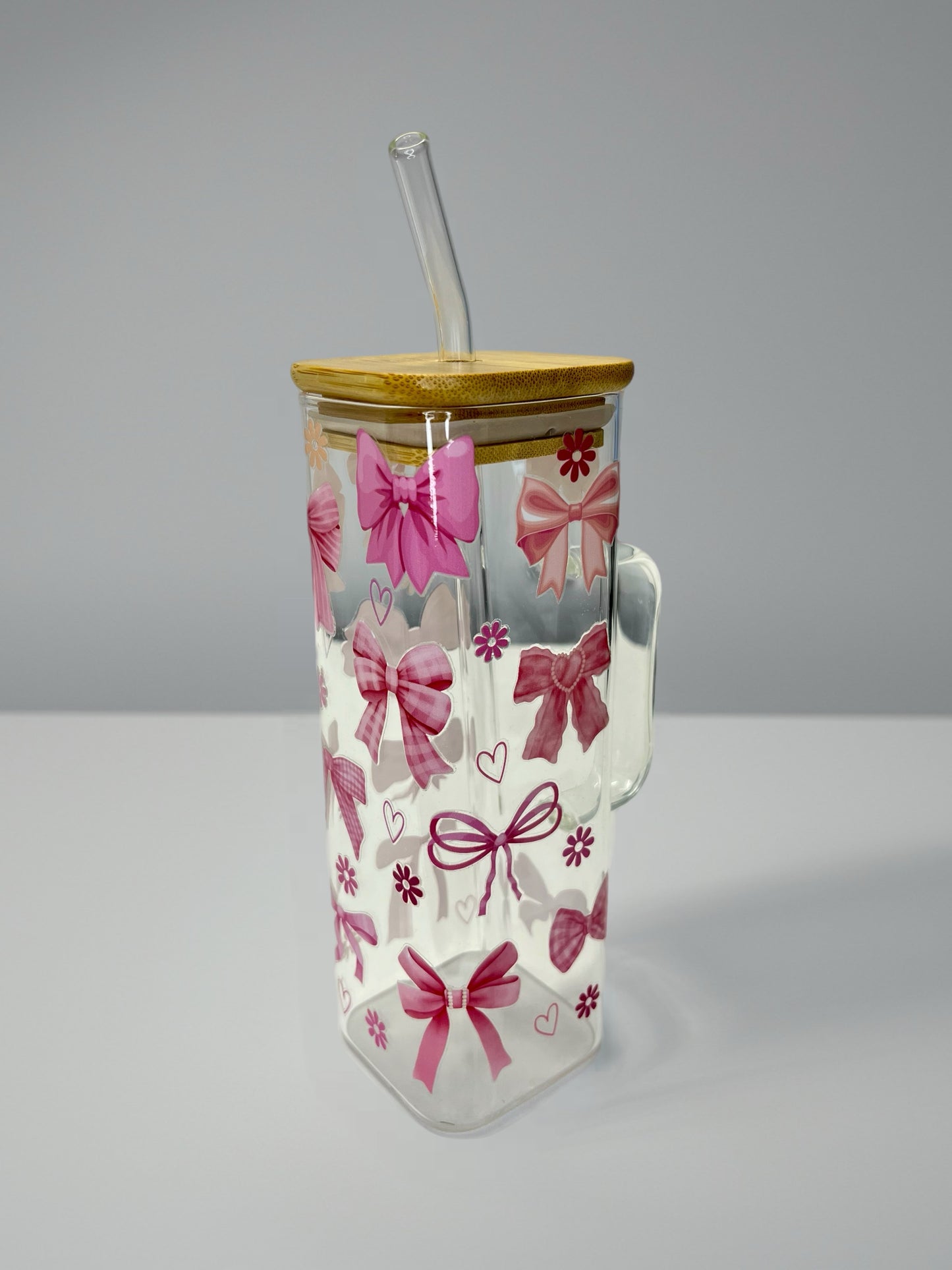 Square Glass Cup with Pink Bow Design – UV DTF, Bamboo Lid & Glass Straw