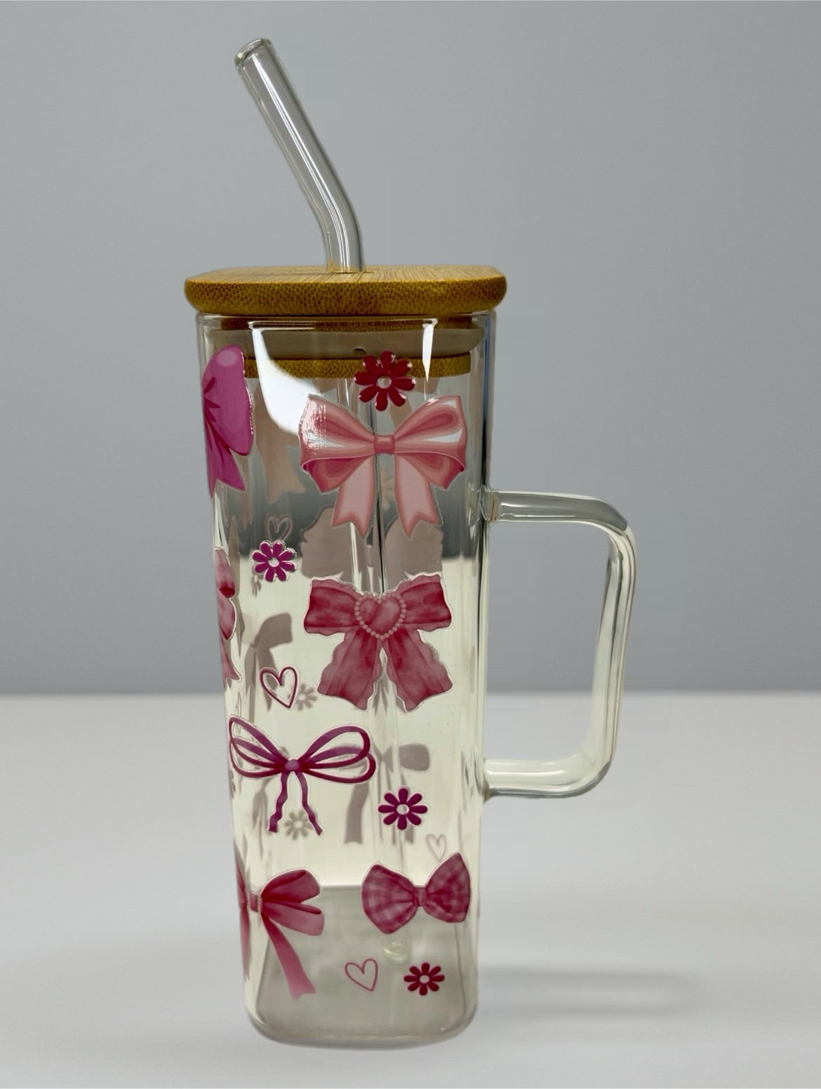 Square Glass Cup with Pink Bow Design – UV DTF, Bamboo Lid & Glass Straw