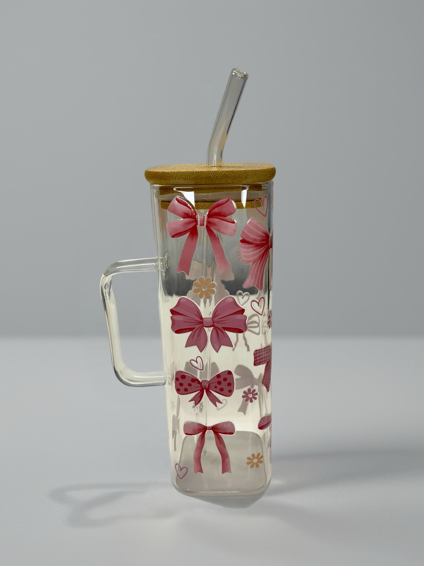 Square Glass Cup with Pink Bow Design – UV DTF, Bamboo Lid & Glass Straw