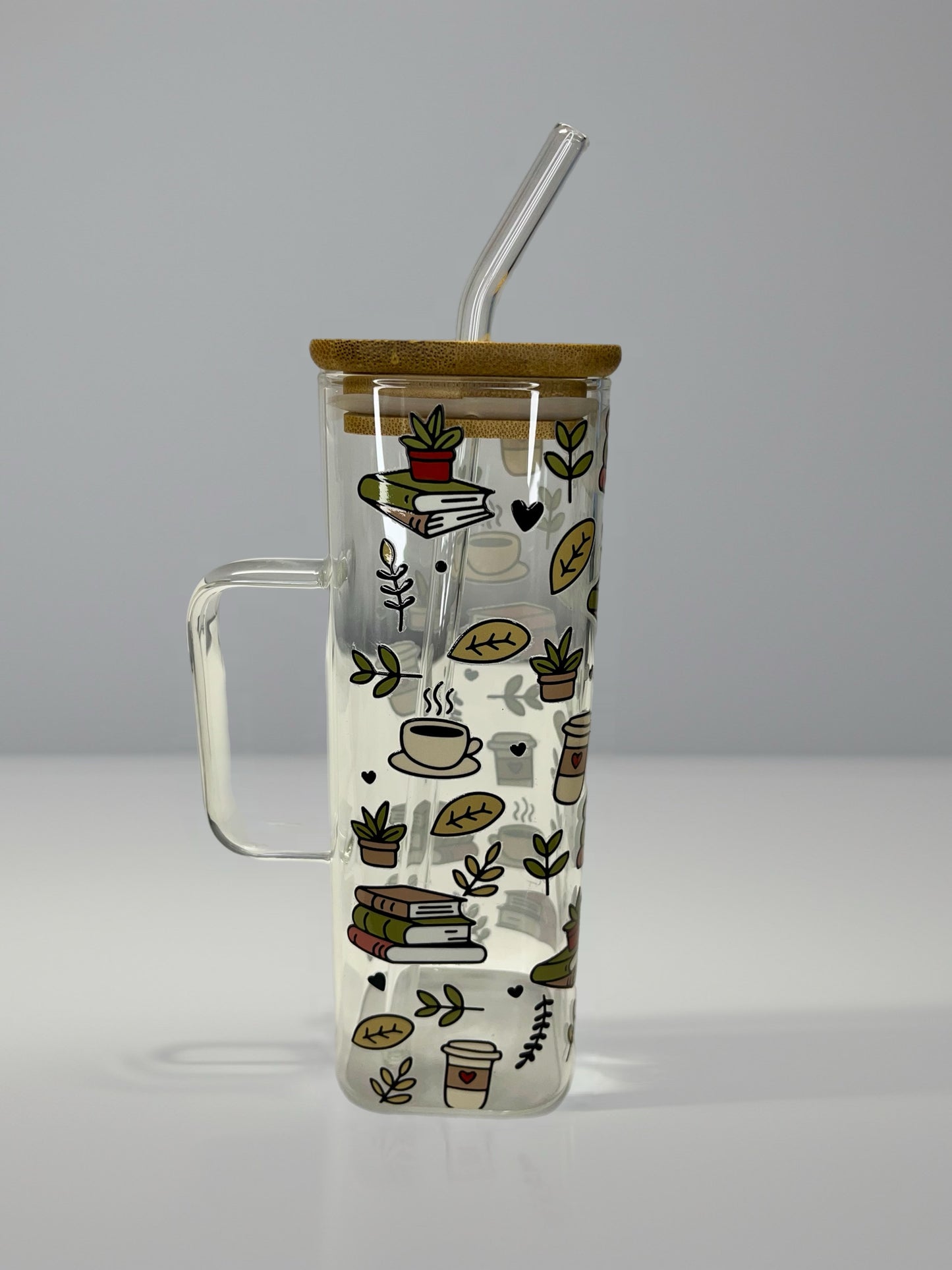 Square Glass Cup with Books & Coffee UV DTF Design | Bamboo Lid & Glass Straw