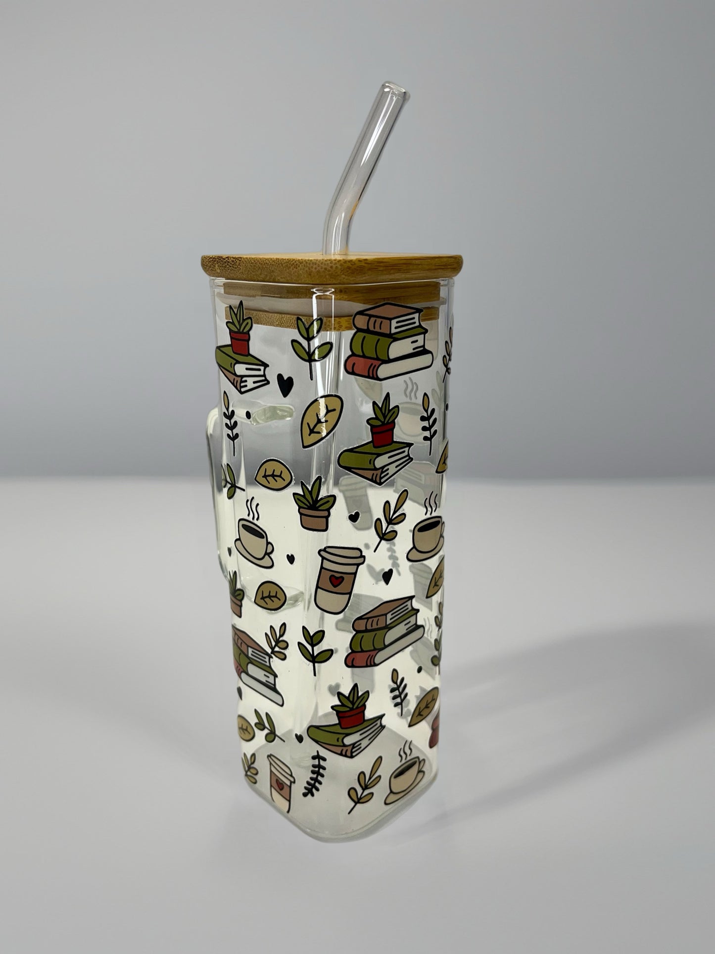 Square Glass Cup with Books & Coffee UV DTF Design | Bamboo Lid & Glass Straw