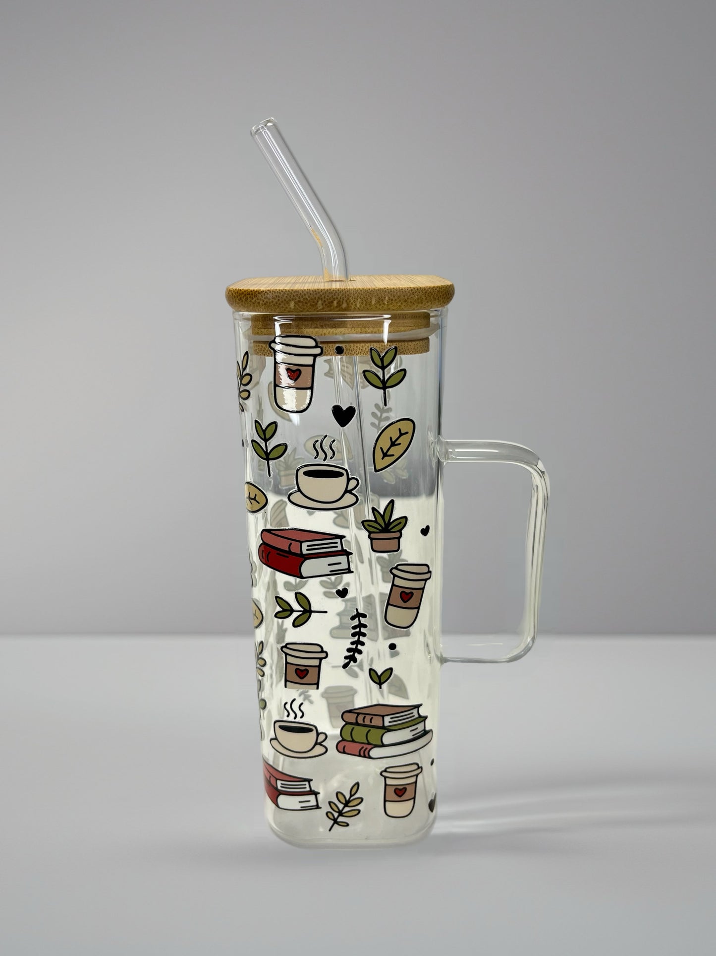 Square Glass Cup with Books & Coffee UV DTF Design | Bamboo Lid & Glass Straw