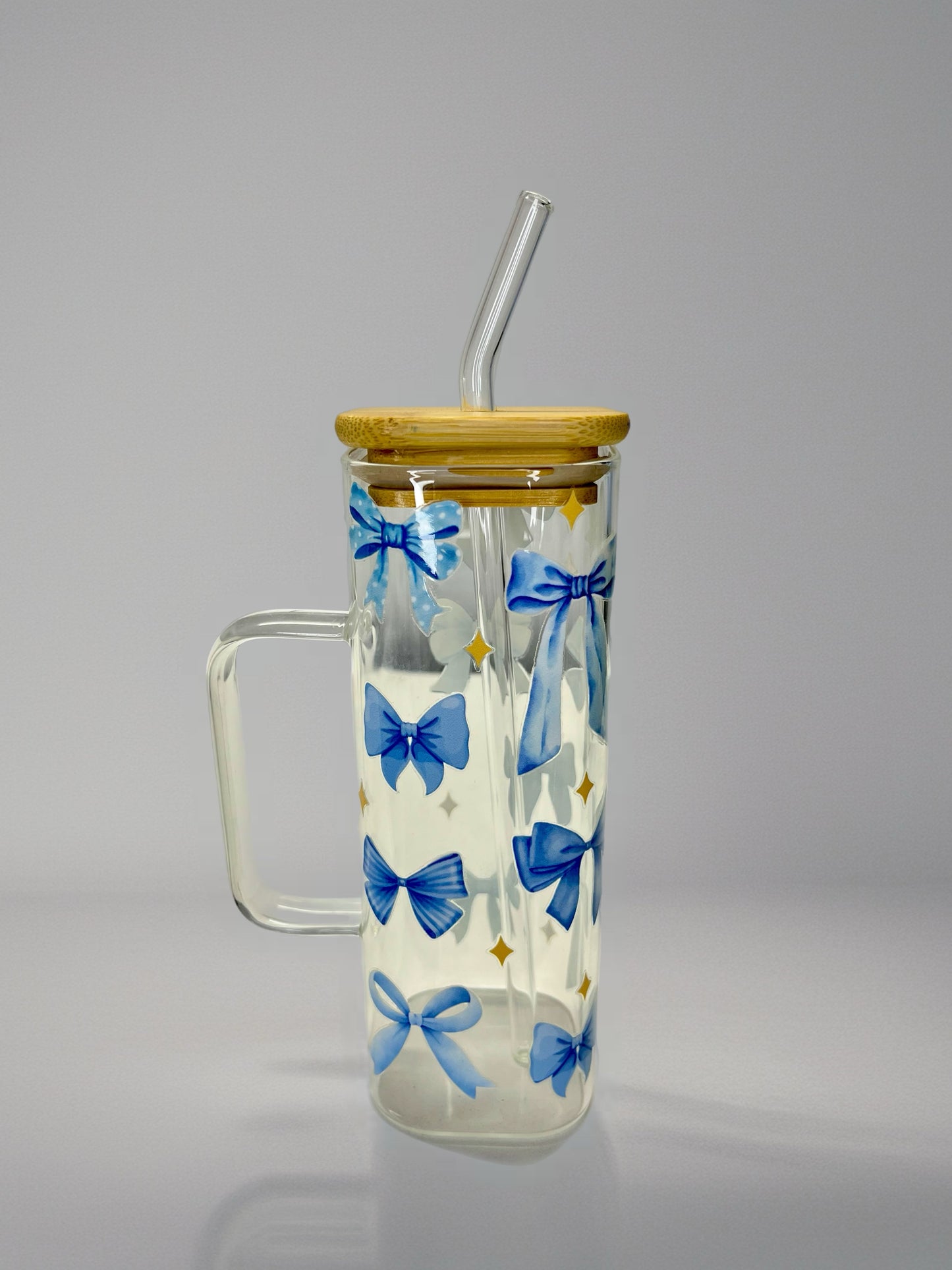 Blue Bow Square Glass Cup with Handle – Bamboo Lid & Glass Straw