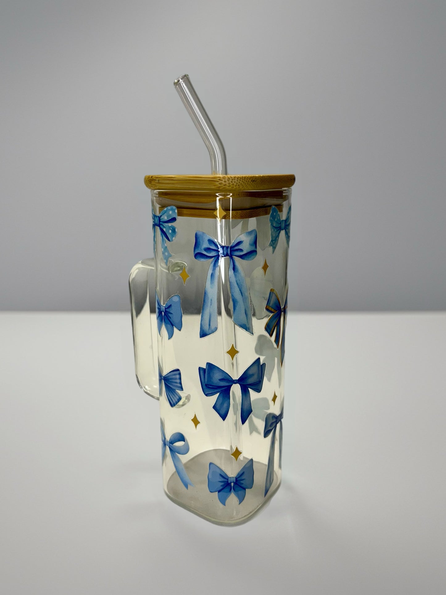 Blue Bow Square Glass Cup with Handle – Bamboo Lid & Glass Straw