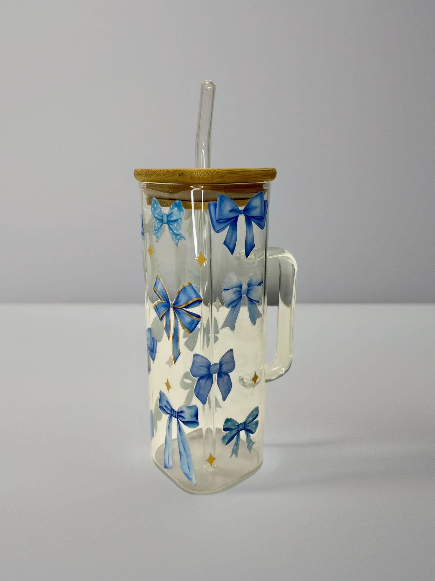 Blue Bow Square Glass Cup with Handle – Bamboo Lid & Glass Straw