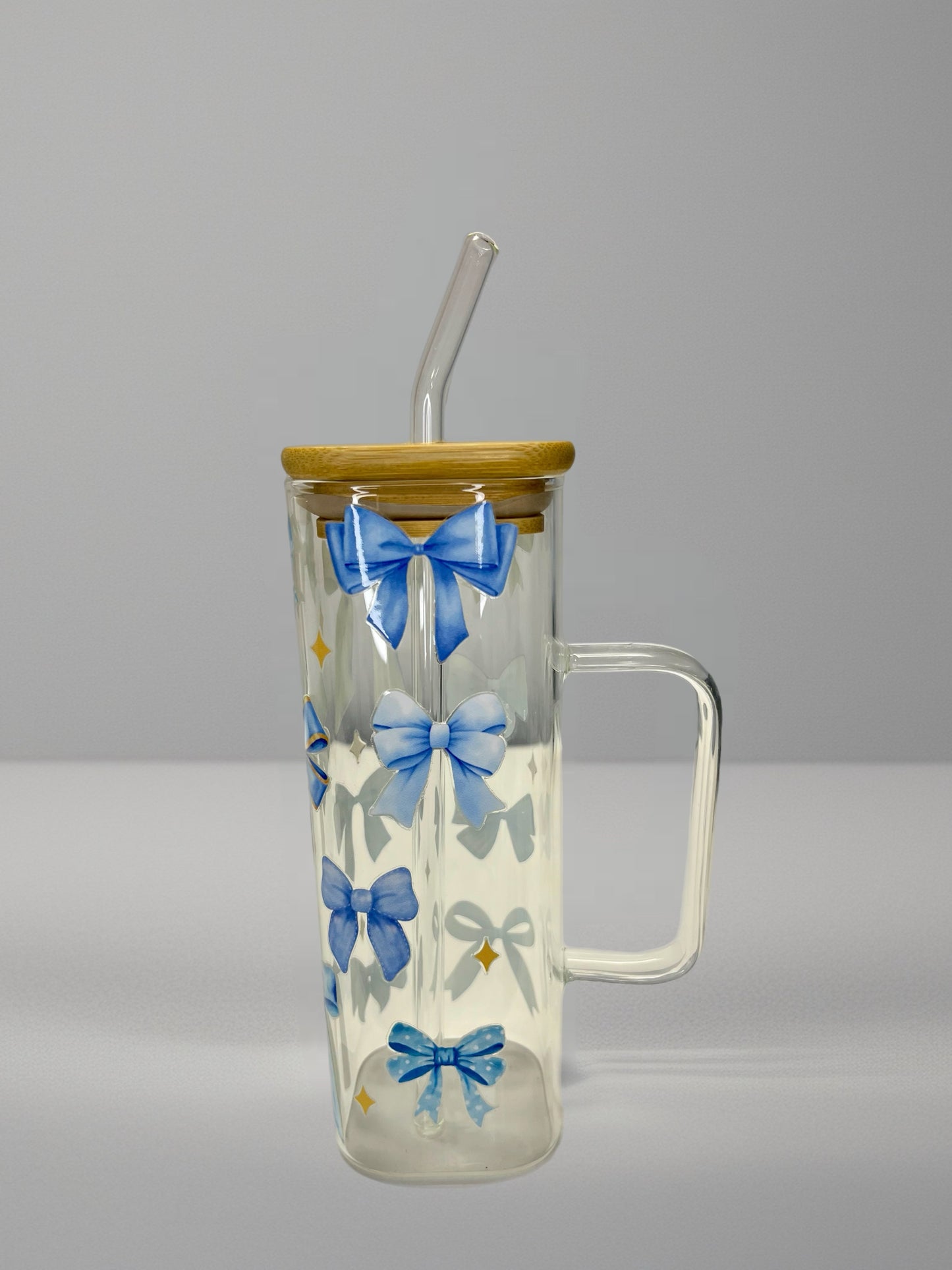 Blue Bow Square Glass Cup with Handle – Bamboo Lid & Glass Straw