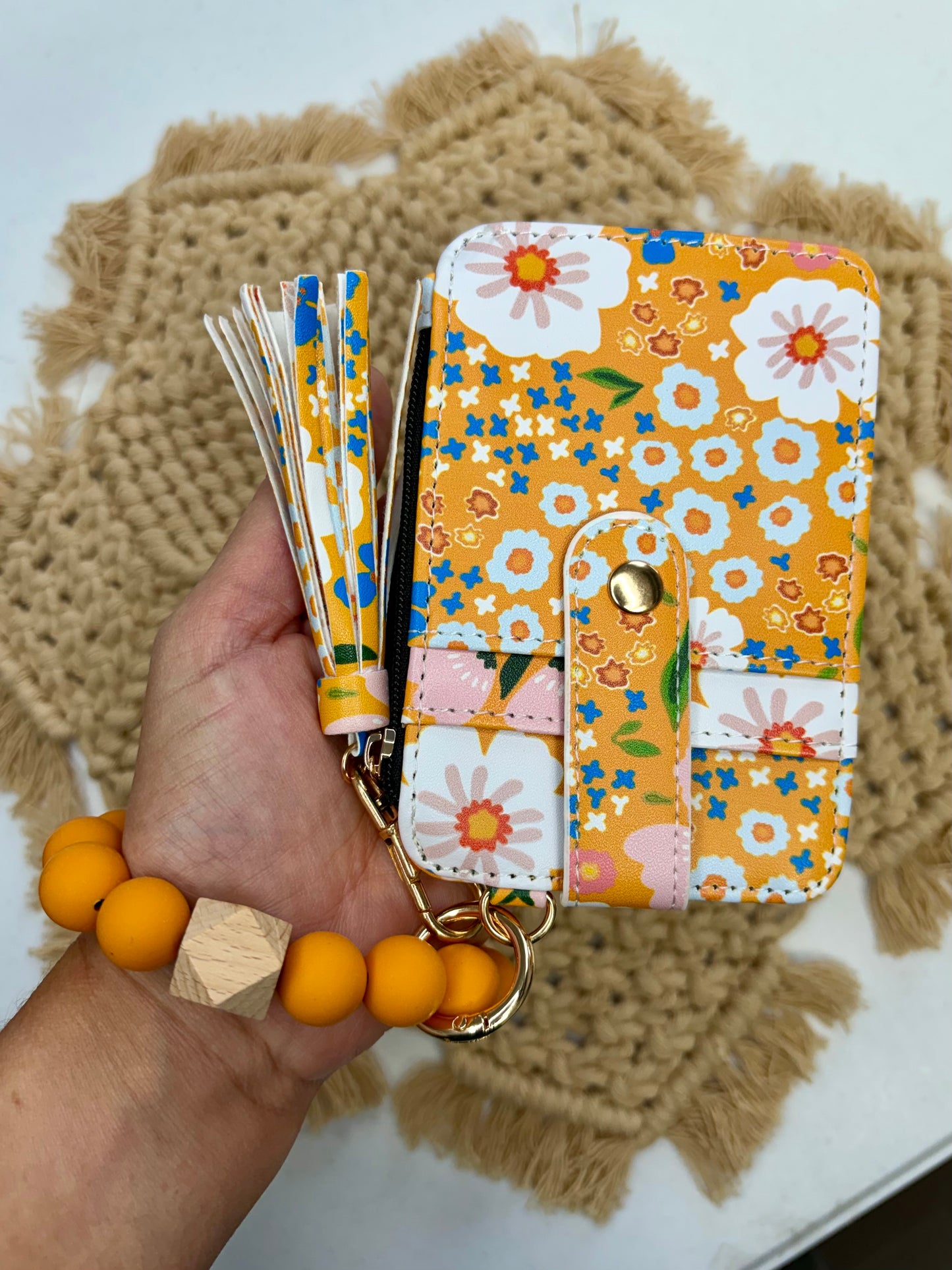 Mustard Yellow Floral Boho Beaded Wristlet Wallet – Retro Floral Bracelet Wallet