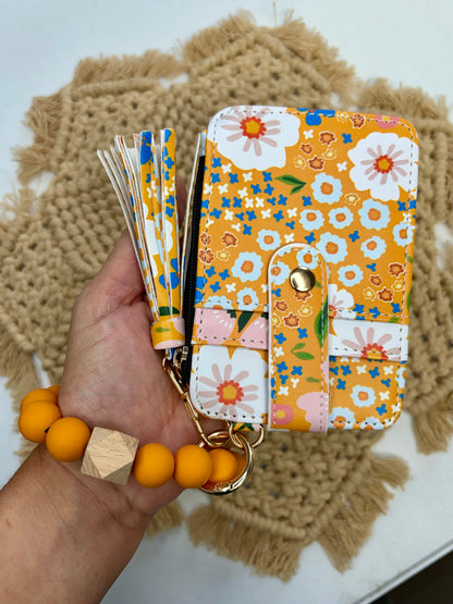 Mustard Yellow Floral Boho Beaded Wristlet Wallet – Retro Floral Bracelet Wallet
