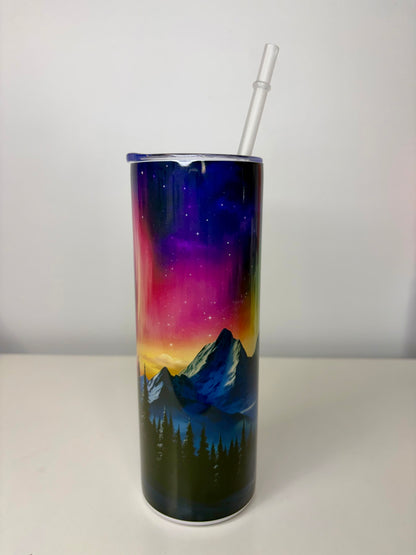 Northern Lights Mountain Landscape Stainless Steel Tumbler 20oz with Straw & Rubber Bottom