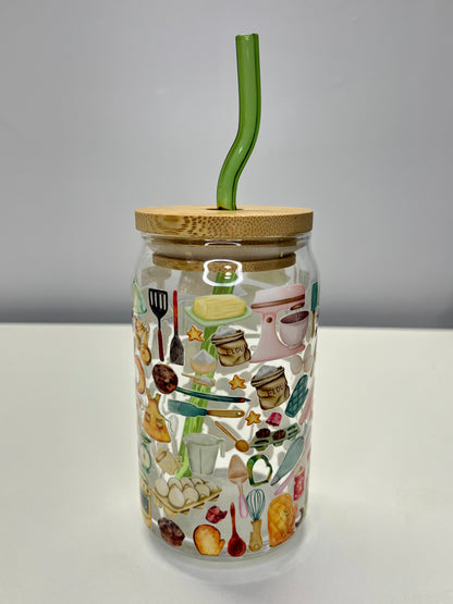 “Baker’s Sweet Dreams” Glass Can Cup | Cute Baking Design | UV DTF | Green Straw + Bamboo Lid