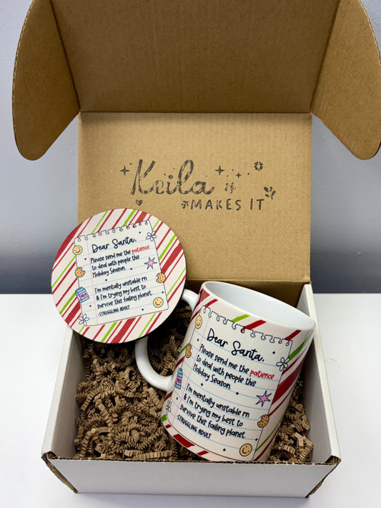 Funny Santa’s Letter Mug & Coaster Bundle – 11oz Ceramic Mug + Matching Coaster – Holiday Gift Humor