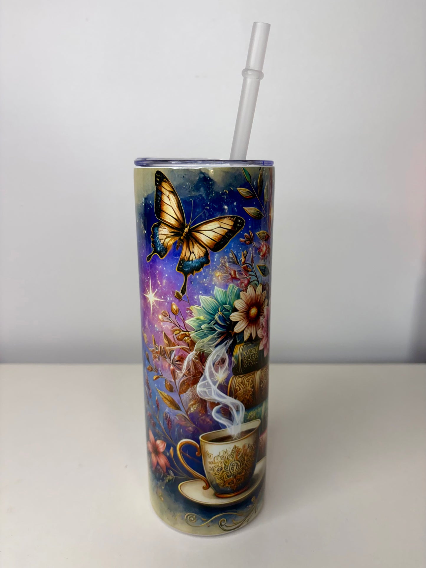 Flower, Books & Coffee Dream Stainless Steel Tumbler – 20oz with Straw & Leak-Resistant Lid