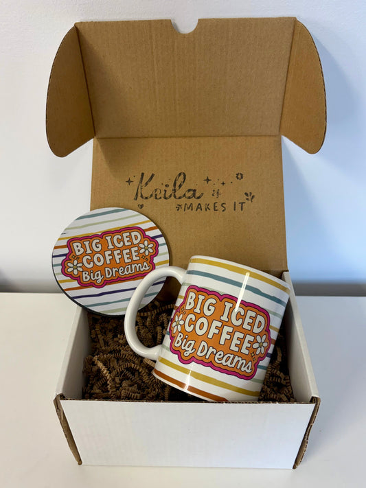 Big Iced Coffee Big Dreams Gift Box – 11oz Ceramic Mug + Matching Coaster Set