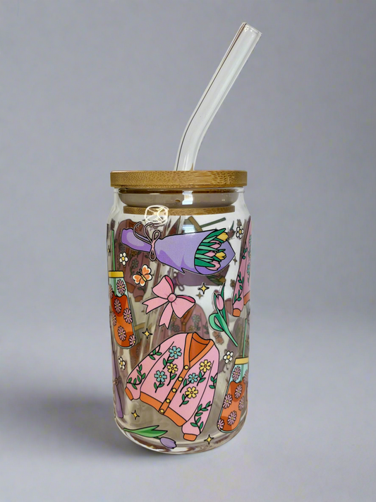 Spring Floral Cardigan Aesthetic Glass Cup with Bamboo Lid & Straw - 16oz