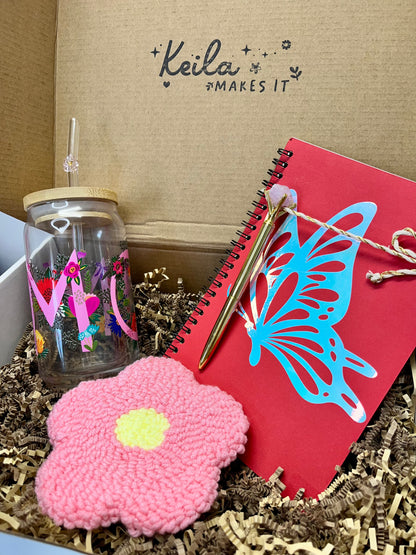 MOM Gift Box - UV DTF Glass. An Cup with Flower Straw, Pink Mug Rug Coaster & Butterfly Notebook