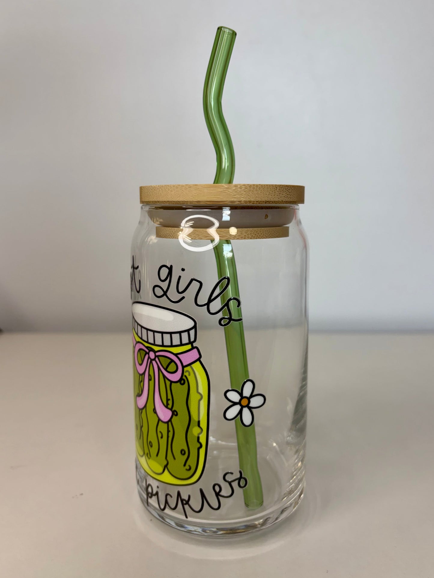 Hot Girls Love Pickles Glass Can Cup – 16oz UV DTF, Curved Green Straw & Bamboo Lid