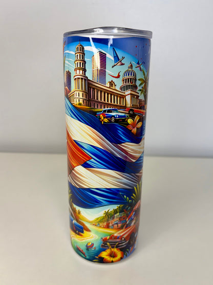 Cuba 20oz Stainless Steel Tumbler – Vintage Car Design, Plastic Lid, Straw & Rubber Bottom