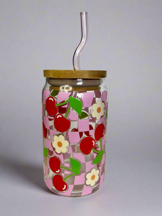 Cherry Glass Can Cup with Pink Glass Straw & Bamboo Lid - UV DTF cup wrap