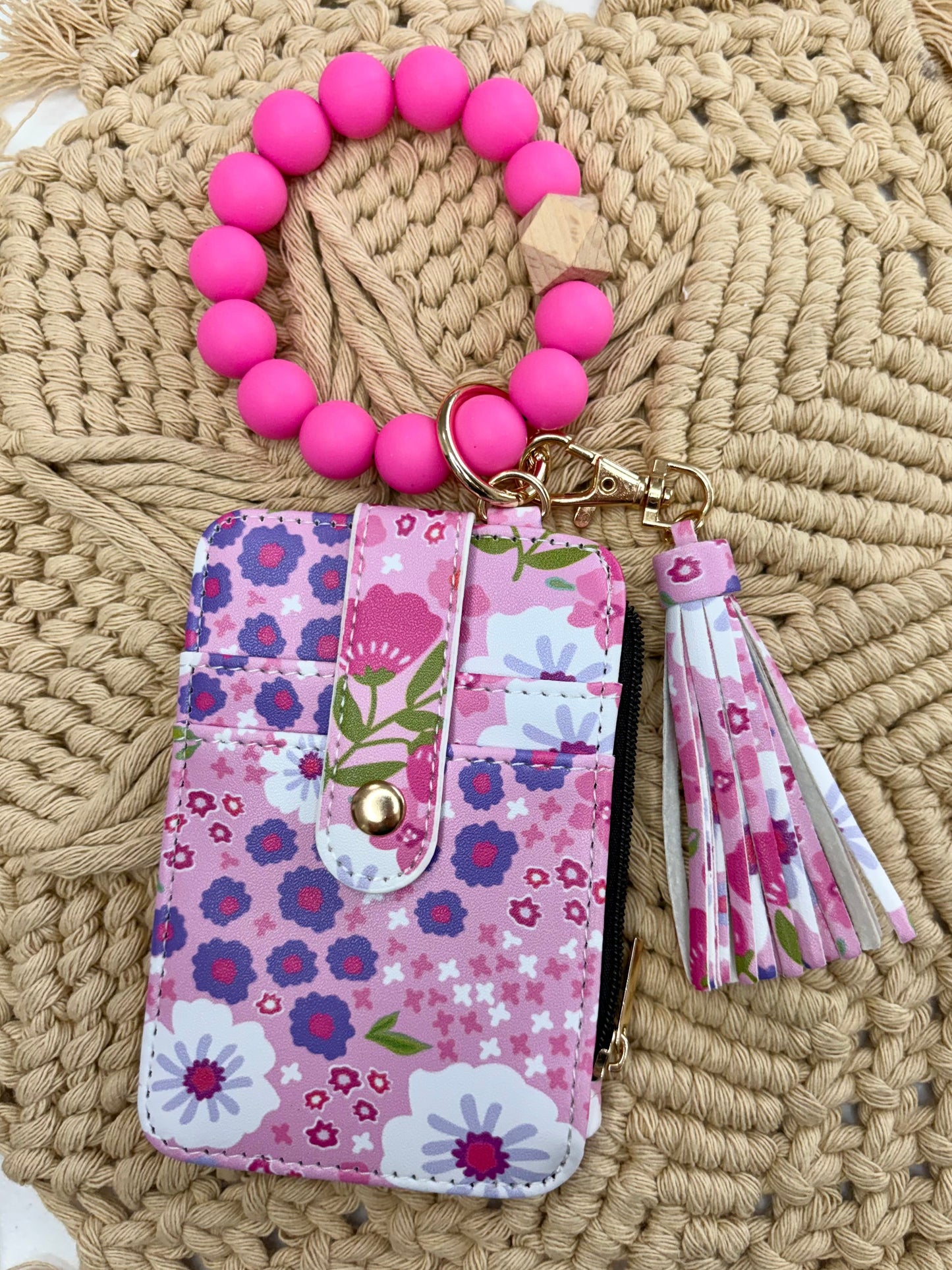 Pink Floral Boho Beaded Wristlet Wallet – Cute PU Leather ID Wallet