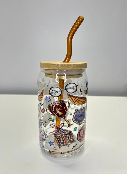 Harry Potter Themed Glass Can Cup | UV DTF Design | Bamboo Lid & Curved Brown Glass Straw – 16oz