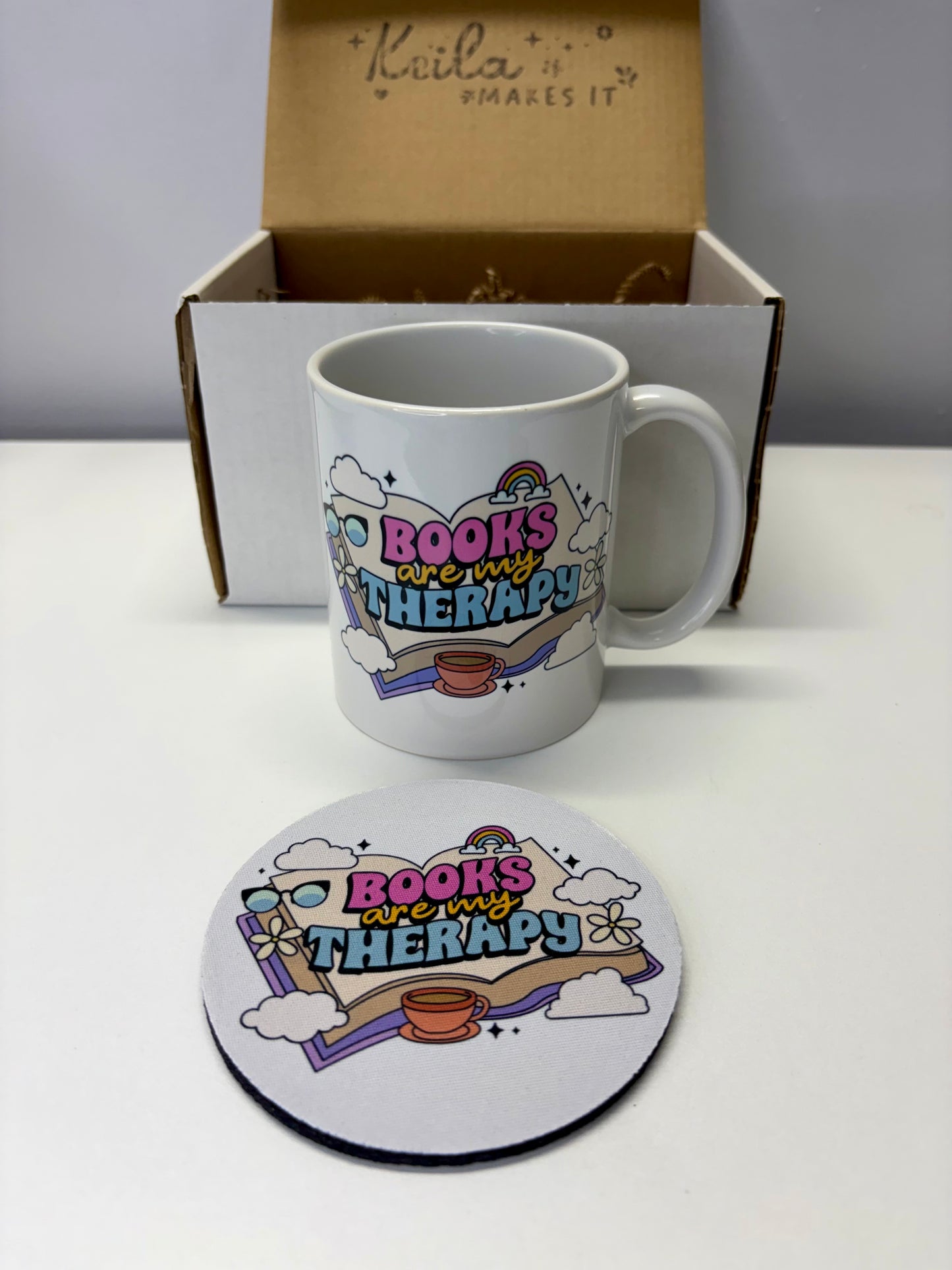 Books Are My Therapy Mug & Coaster Gift Box – Ceramic 11oz Coffee Mug + Matching Coaster – Book Lover Gift Set