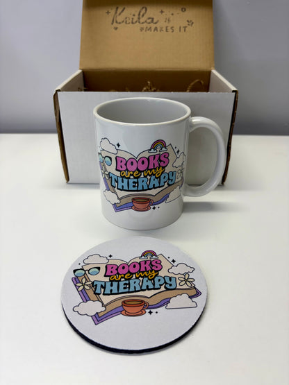 Books Are My Therapy Mug & Coaster Gift Box – Ceramic 11oz Coffee Mug + Matching Coaster – Book Lover Gift Set