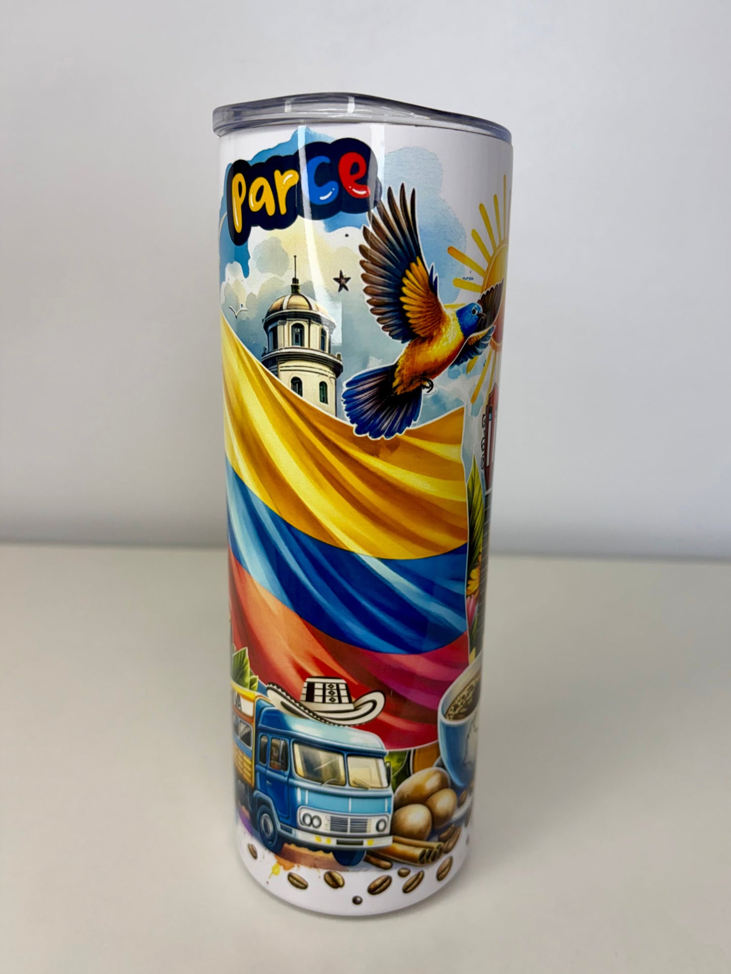 Colombia 20oz Stainless Steel Tumbler – Colorful Colombian Design, Leak-Resistant Lid, Straw & Rubber Bottom