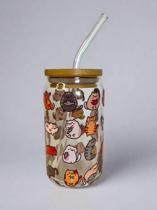 Cute Cat Glass Can - 16oz Reusable Glass Can Cup with Bamboo Lid & Straw
