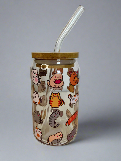 Cute Cat Glass Can - 16oz Reusable Glass Can Cup with Bamboo Lid & Straw