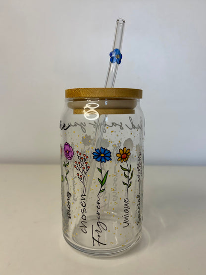 “God Says You Are” Glass Can Cup – UV DTF Christian Inspirational Cup, Flower Glass Straw & Bamboo Lid (16oz)