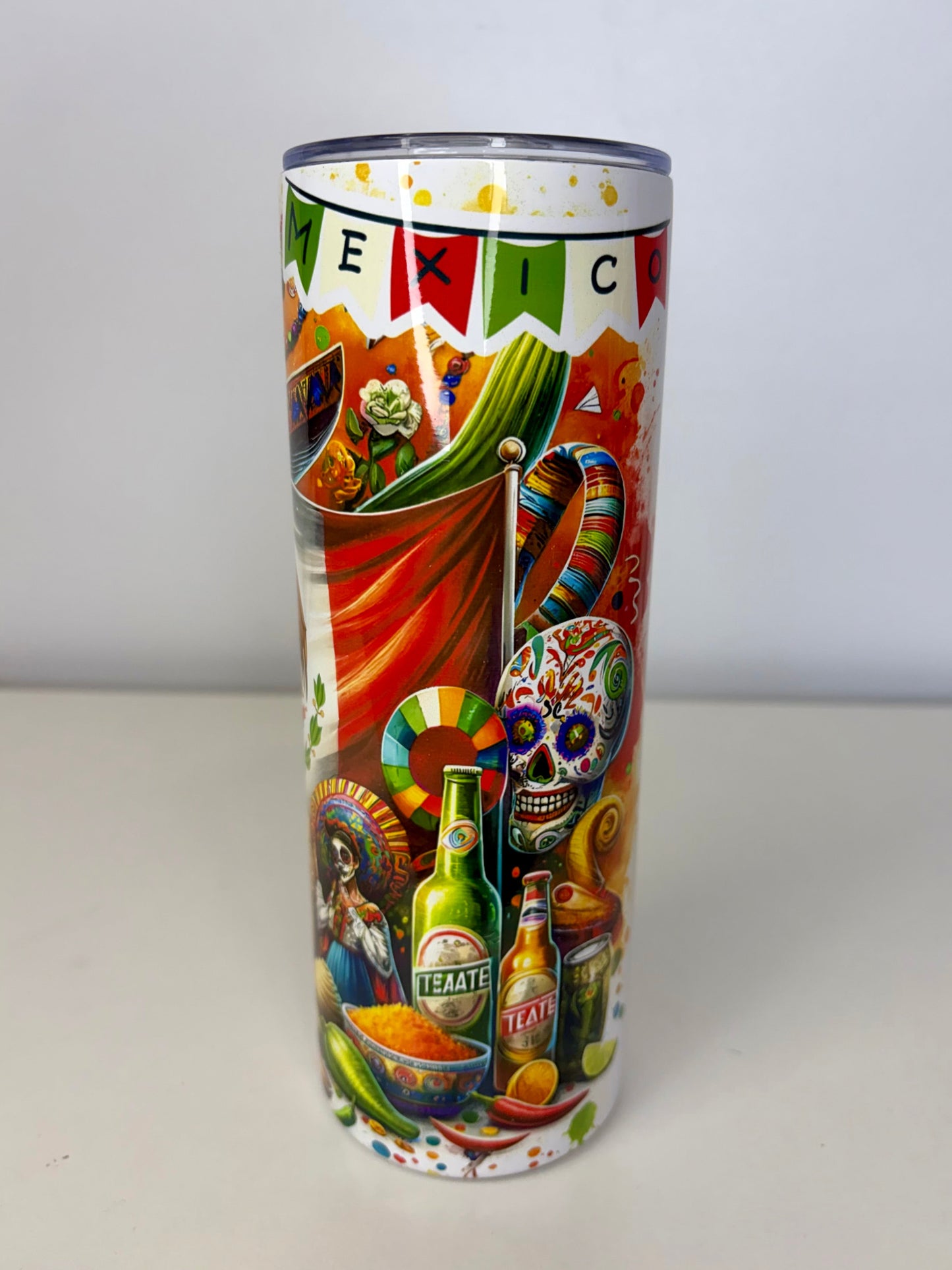 Mexico 20oz Stainless Steel Tumbler – Vibrant Mexican Design, Plastic Lid, Straw & Rubber Bottom