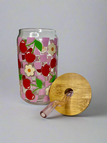 Cherry Glass Can Cup with Pink Glass Straw & Bamboo Lid - UV DTF cup wrap
