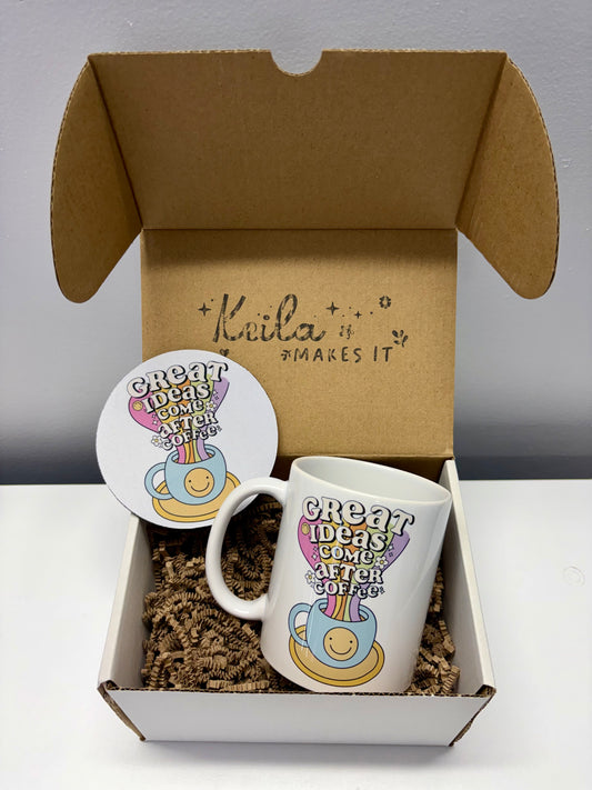 Great Ideas Come After Coffee Mug & Coaster Gift Set – Cute 11oz Ceramic Coffee Cup + Matching Coaster