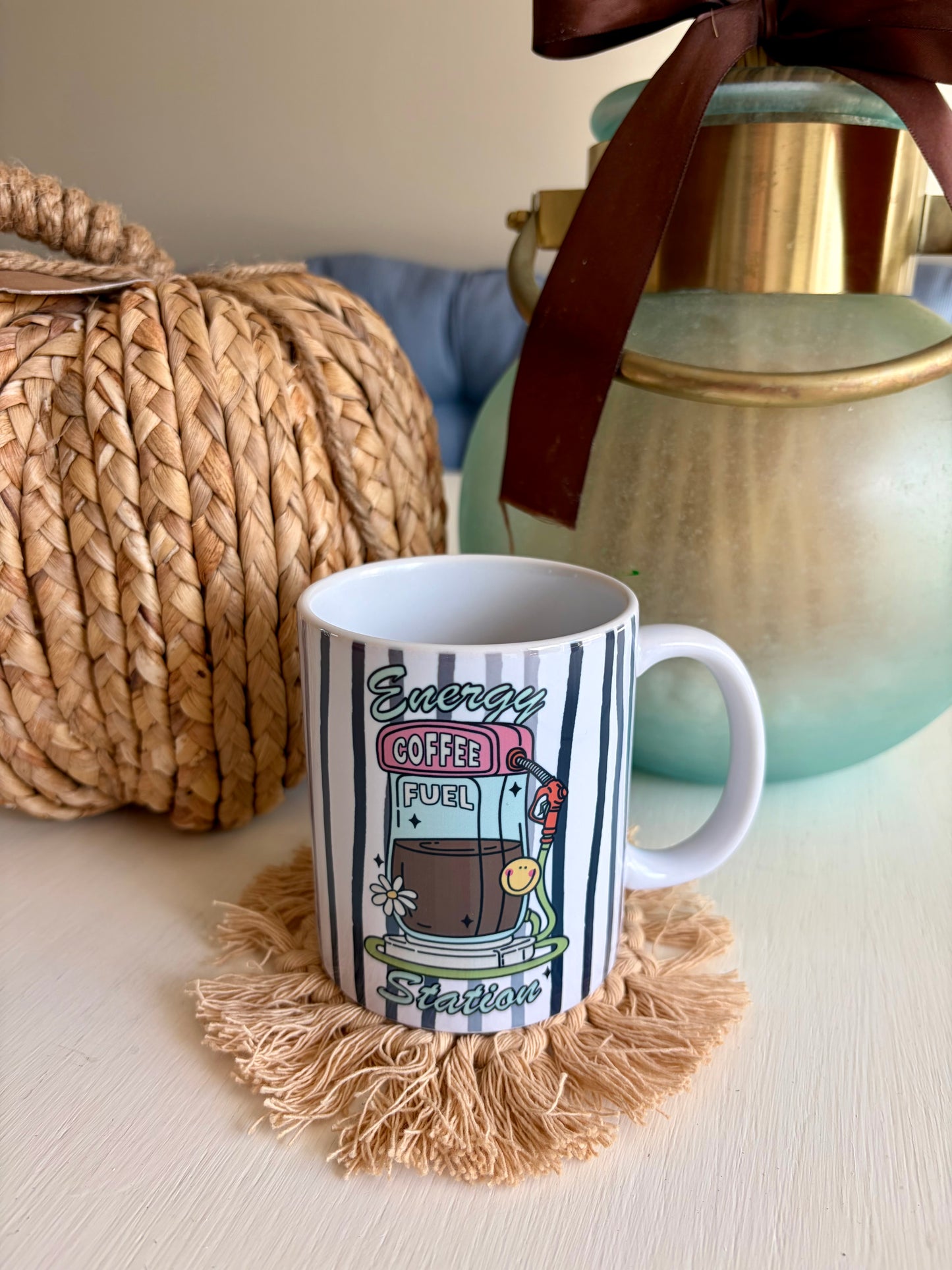 ☕ Energy Coffee Fuel Station Ceramic Mug – Cute Striped 11oz Coffee Cup