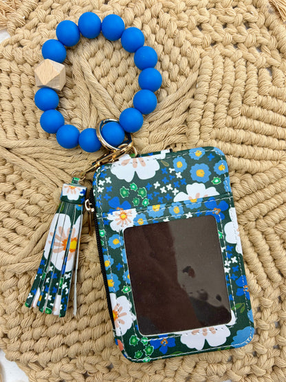 Blue Floral Boho Beaded Wristlet Wallet – PU Leather Card Holder with Bracelet